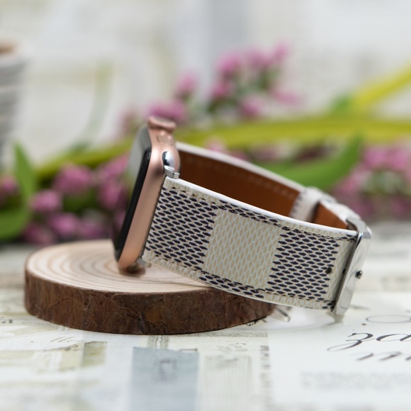 Checker Apple Watch Band Damier Azur W/Gray Checker Leather 38/40/41 & 42/44/45 - Picture 2 of 5